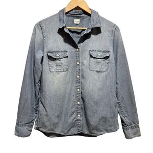 J. Crew Chambray Button Down Shirt Womens M‎ Blue Roll Tab Sleeve Classic Preppy